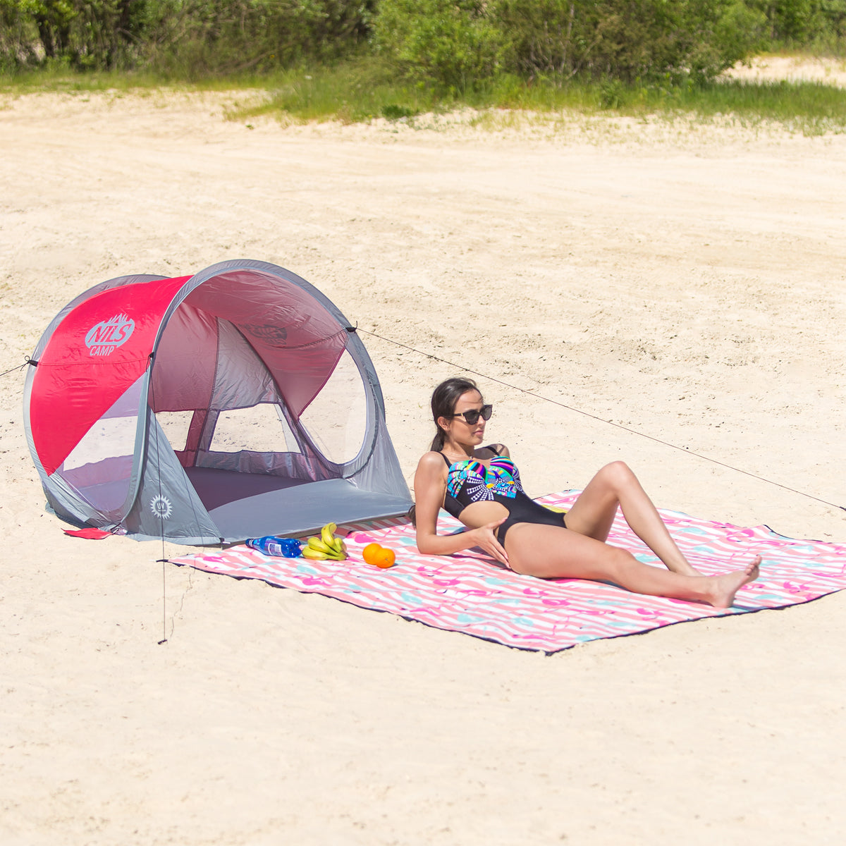 NILS Camp Pop-up Strandtent - Rood/Grijs