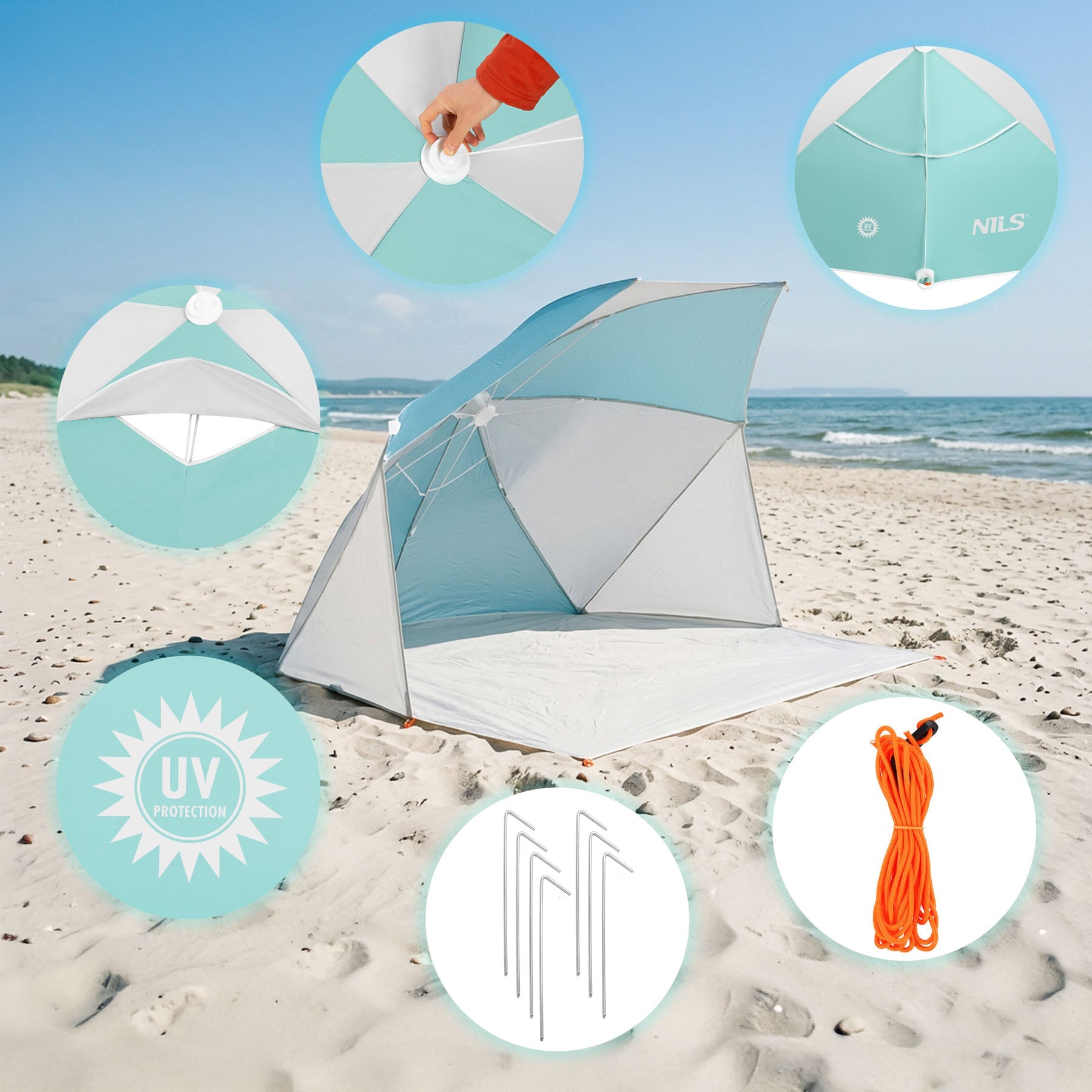 NILS Pop-up 2-in-1 Strandparasol en Windscherm - Mintblauw/Grijs