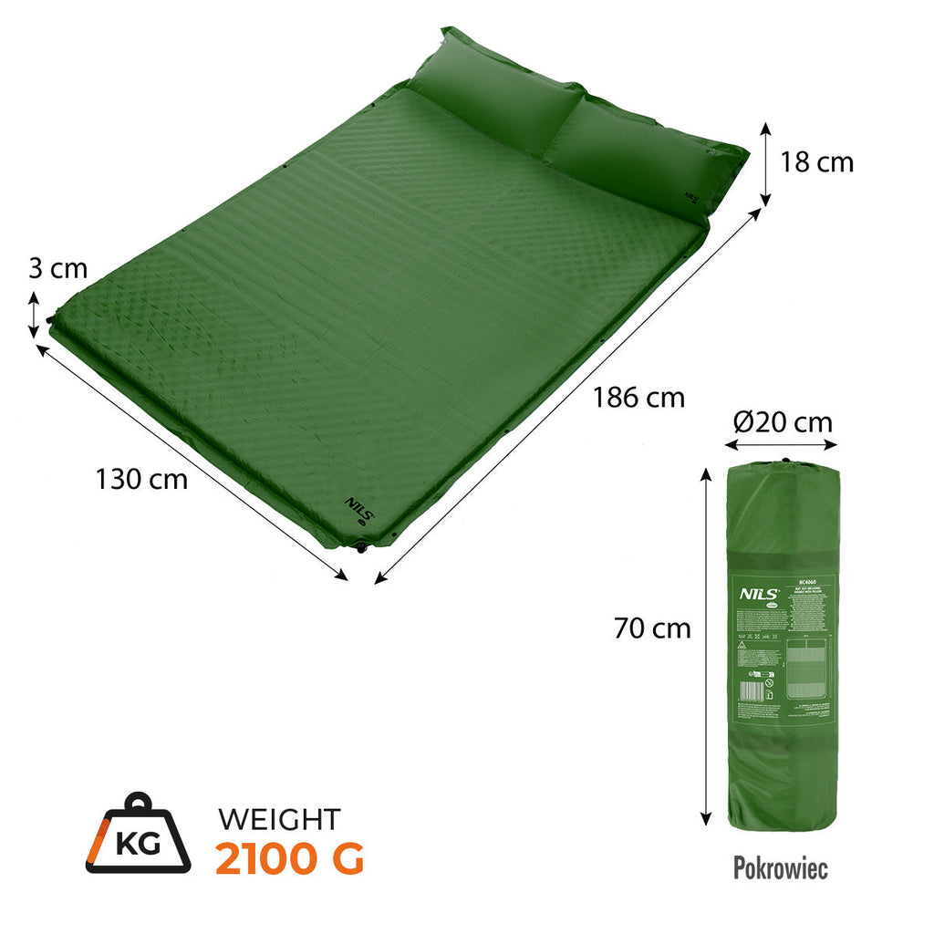 NILS Camp Zelfopblazende Slaapmat met Kussen - 2-persoons - Groen