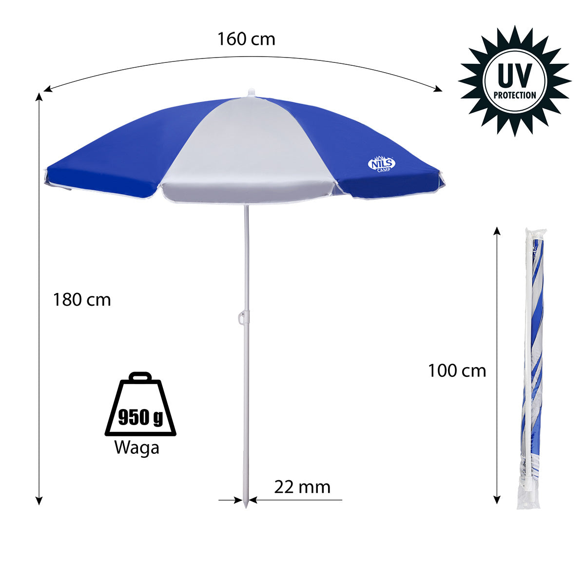 NILS Camp Strandparasol - 180 cm - Blauw/Grijs