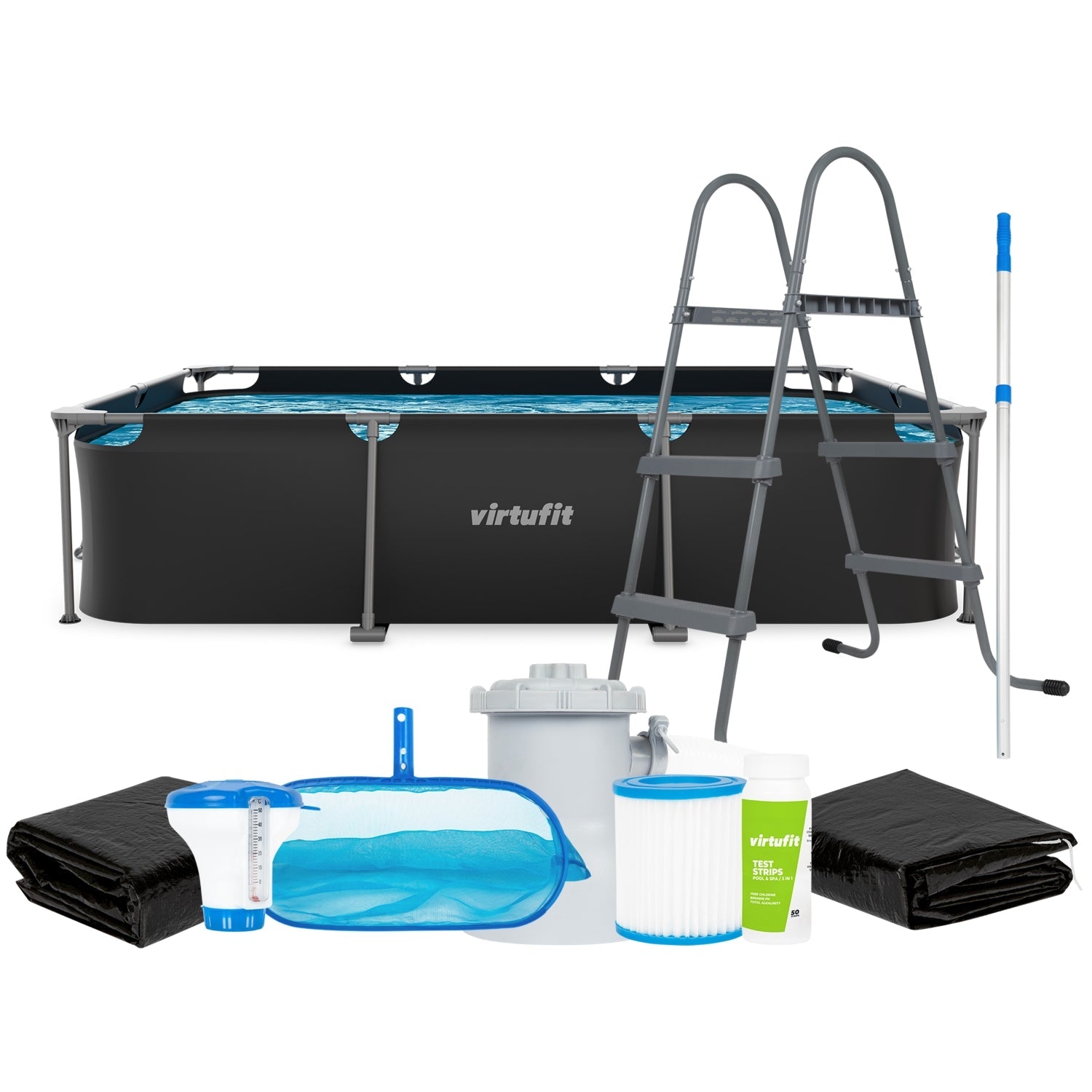 VirtuFit Rechthoekig Zwembad - 300 x 210 x 66 cm - Compleet Pakket - Antraciet