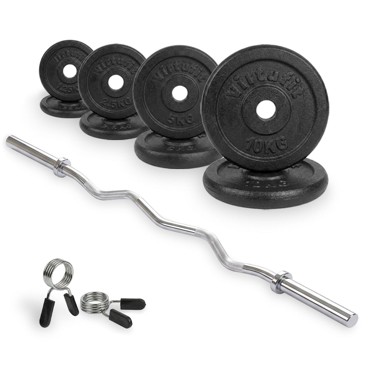 VirtuFit Gietijzeren Halterset - EZ Curlstang - Veerclip - 30 mm - 43 kg - Tweedekans