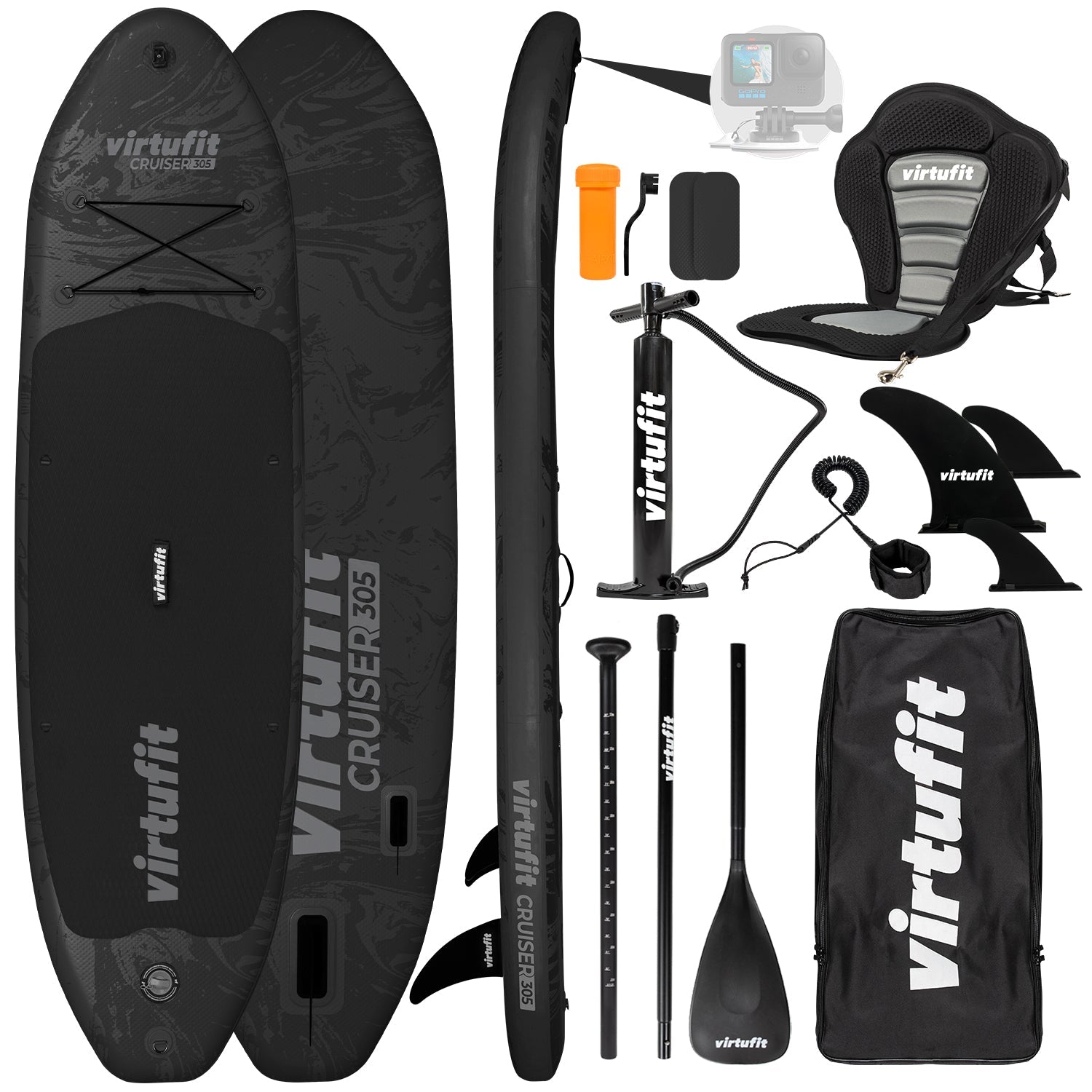 VirtuFit Supboard Cruiser 305 - Zwart - Met Kajak zitje, accessoires en draagtas