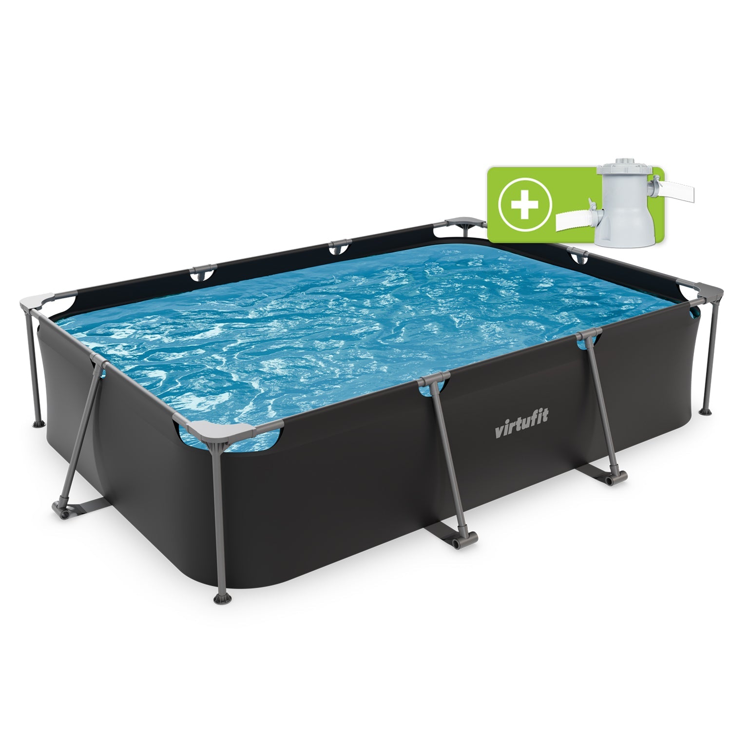 VirtuFit Rechthoekig Zwembad - 300 x 210 x 66 cm - Antraciet - Inclusief Filterpomp