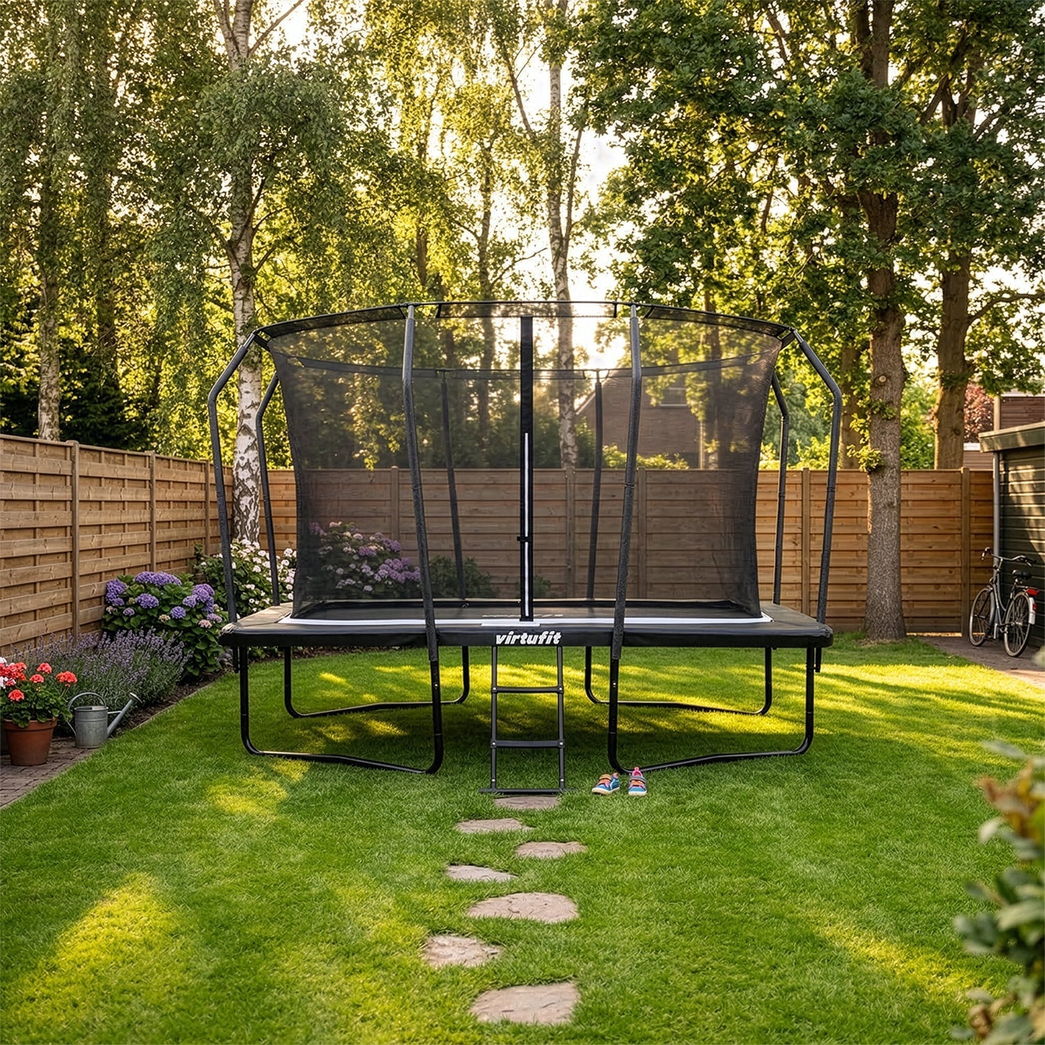 VirtuFit Premium Rechthoekige Trampoline met Veiligheidsnet - Zwart - 244 x 366 cm - Gratis trap