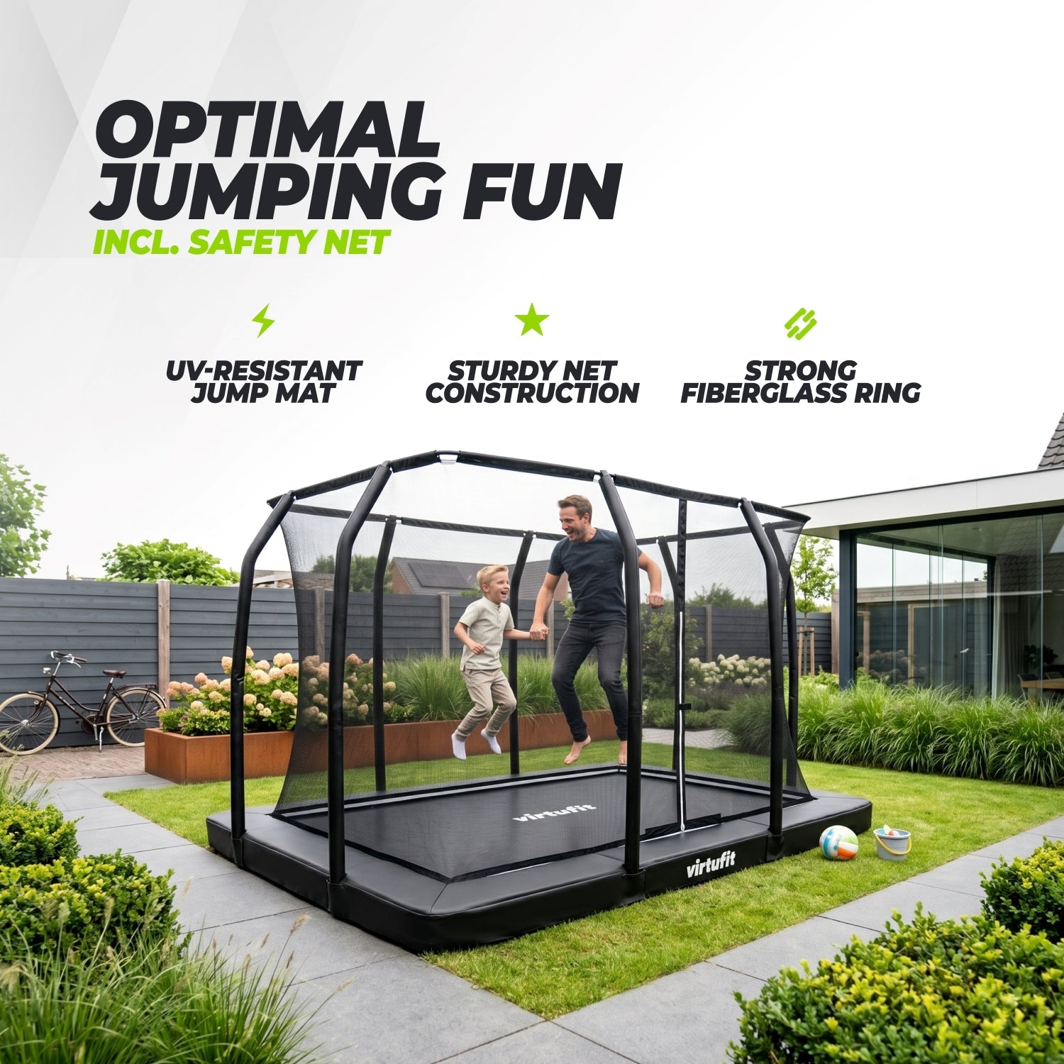 VirtuFit Premium Inground Trampoline met Veiligheidsnet - Zwart - 244 x 366 cm