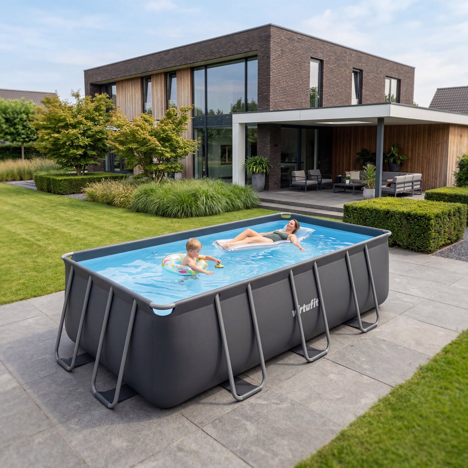 VirtuFit Rechthoekig Zwembad 400 x 200 x 122 cm - Antraciet - Inclusief Filterpomp
