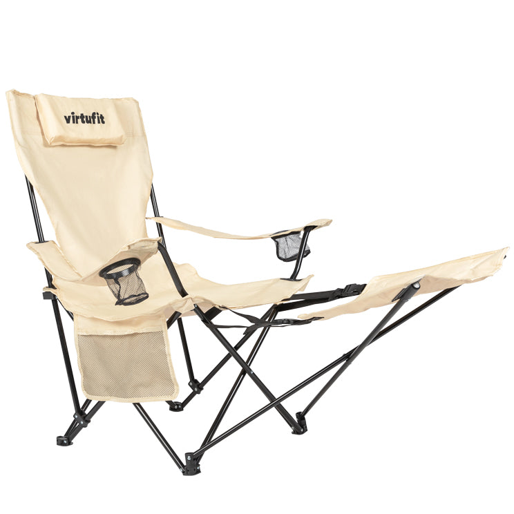 VirtuFit Opvouwbare Camping Stoel met Voetsteun - Strandstoel - Beige - Tweedekans