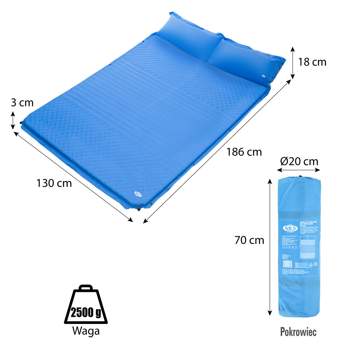 NILS Camp Zelfopblazende Slaapmat met Kussen - 2-persoons - Blauw