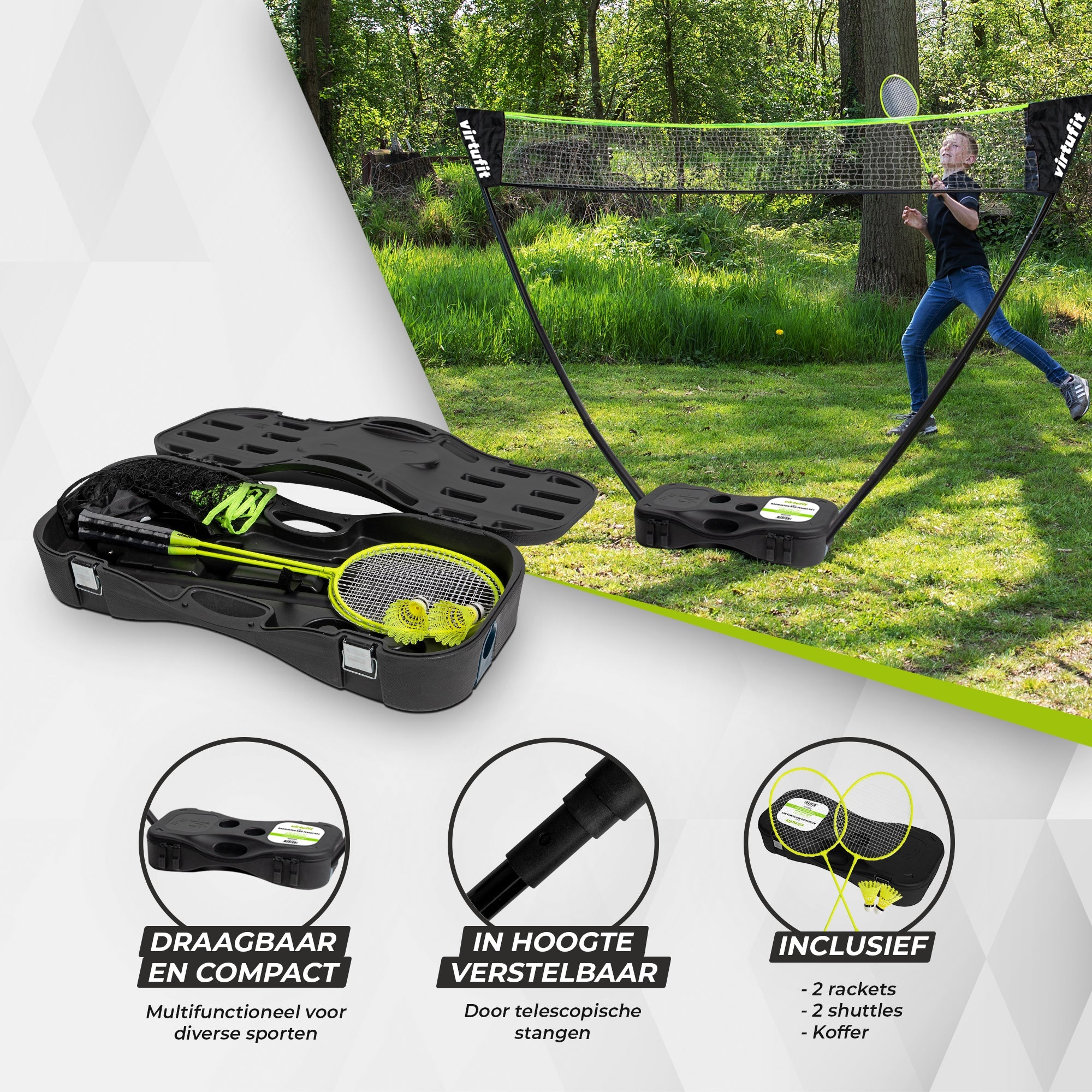 VirtuFit 2-in-1 Portable Badminton- en Tennisset - Inclusief koffer en rackets