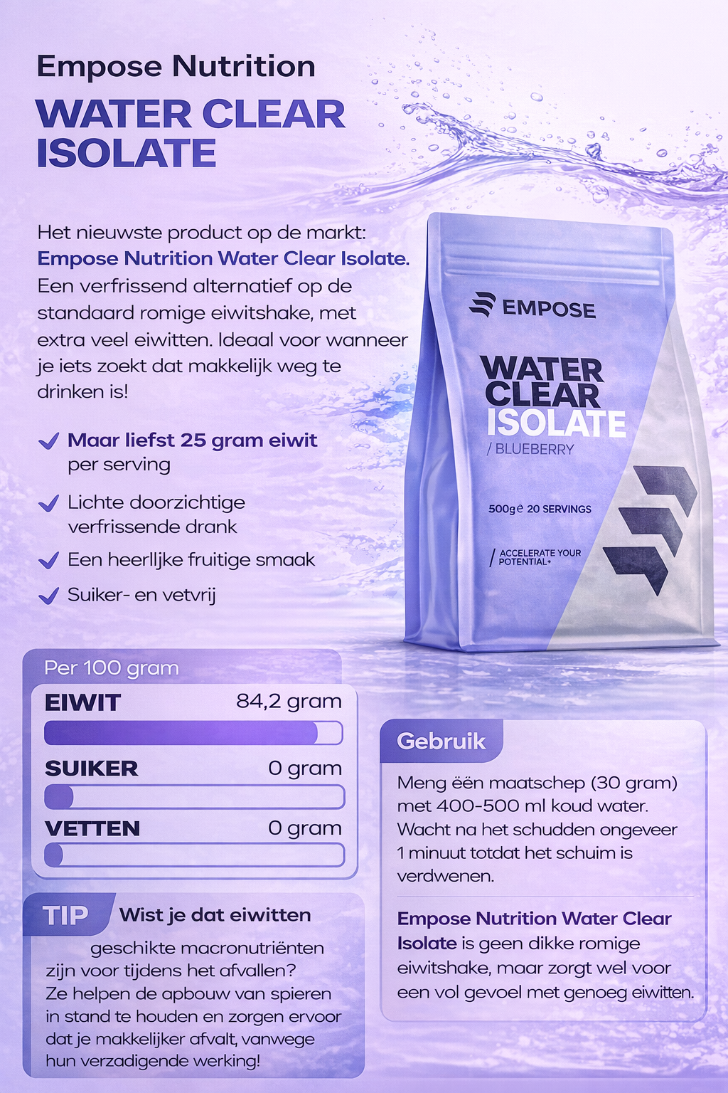 Empose Nutrition Water Clear Isolate - Proteine Ranja - Eiwit Poeder - 500 gr - Blauwe Bes