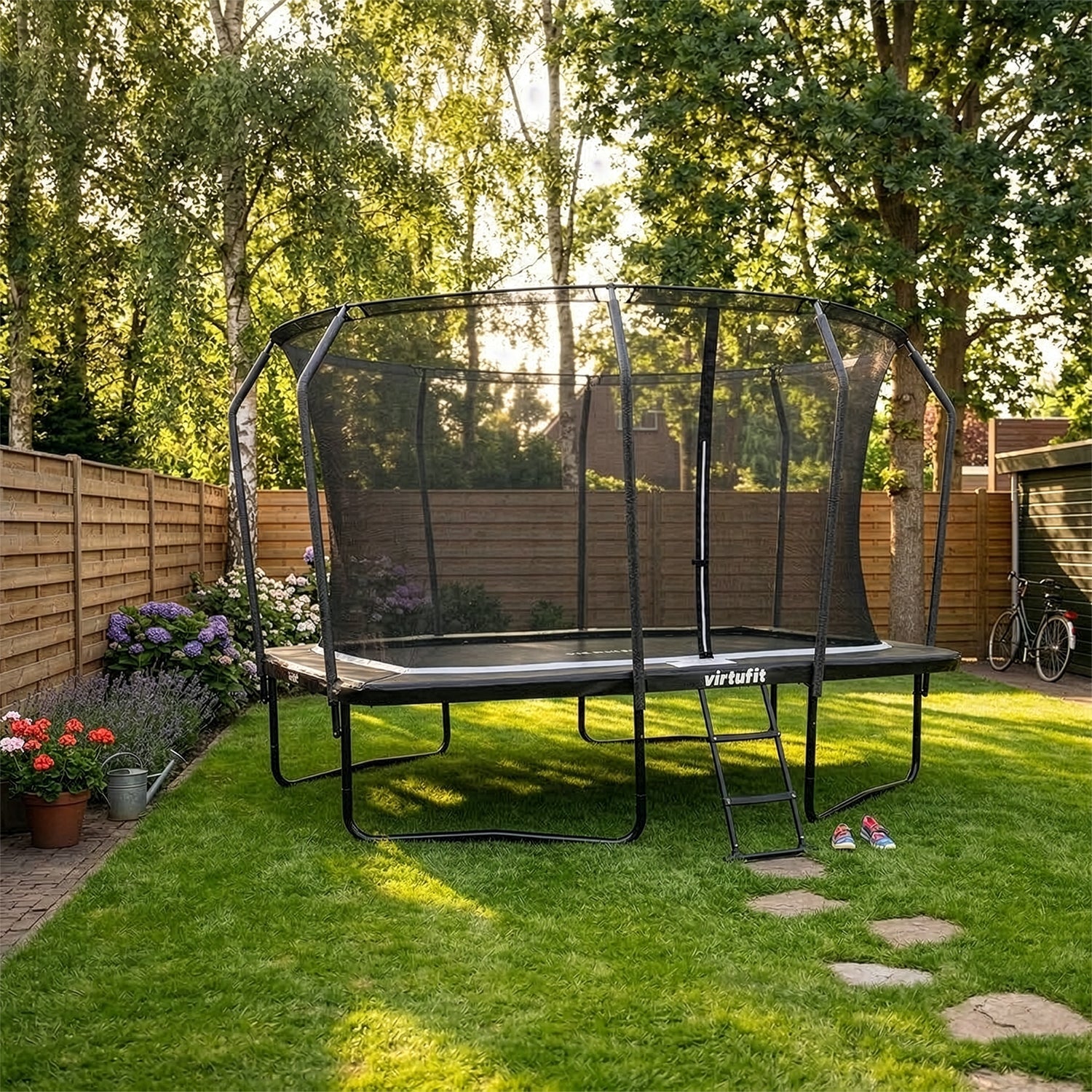 VirtuFit Premium Rechthoekige Trampoline met Veiligheidsnet - Zwart - 244 x 366 cm - Gratis trap