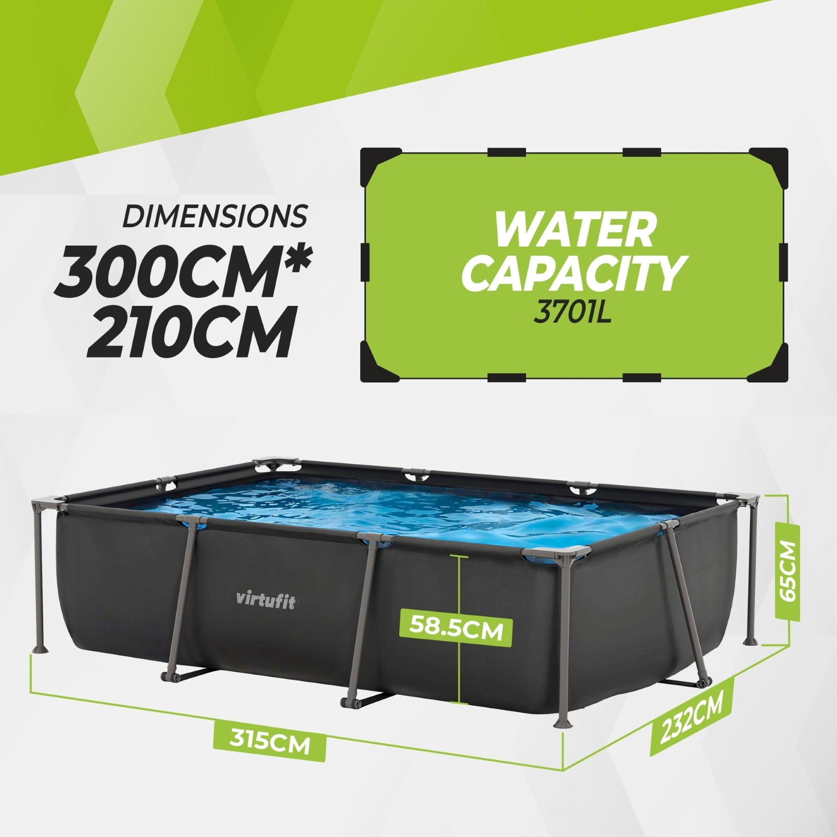 VirtuFit Rechthoekig Zwembad - 300 x 210 x 66 cm - Compleet Pakket - Antraciet