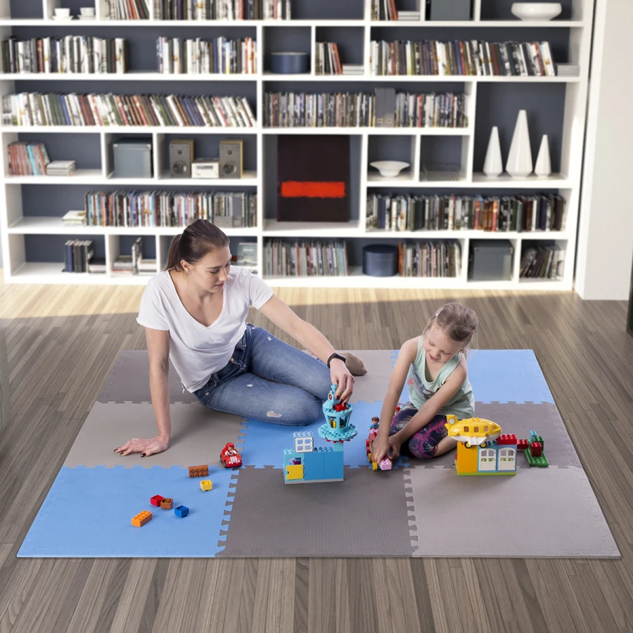 One Fitness Puzzelmat - Set van 9 - 10 mm - Blauw/Grijs