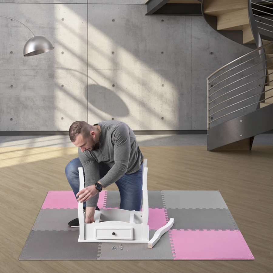 One Fitness Puzzelmat - Set van 9 - 10 mm - Roze/Grijs