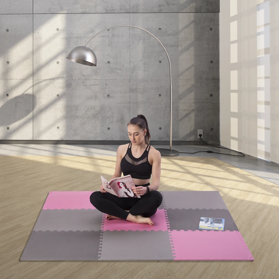 One Fitness Puzzelmat - Set van 9 - 10 mm - Roze/Grijs