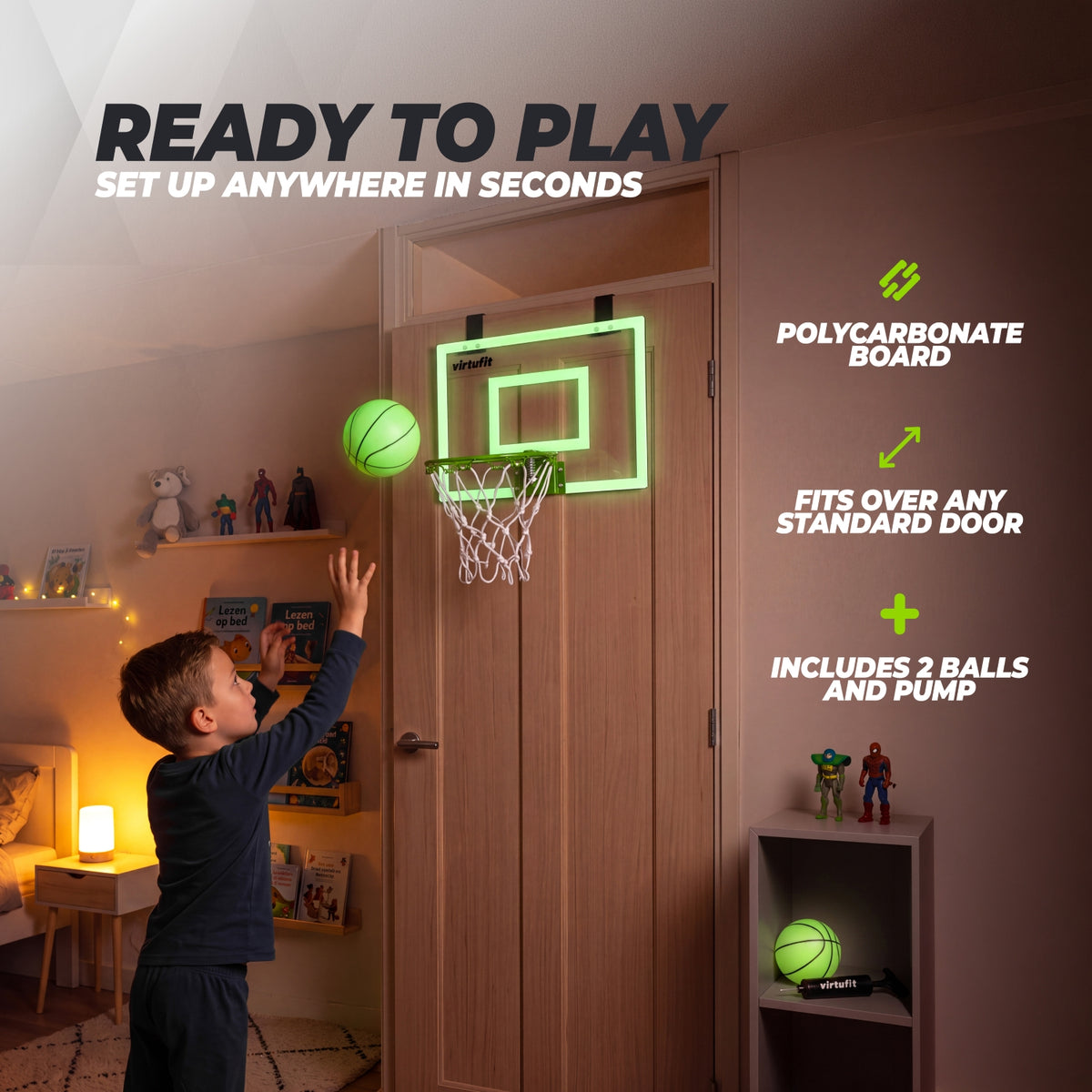 VirtuFit Pro Mini Basketballbrett mit 2 Bällen und Pumpe - Glow In the Dark
