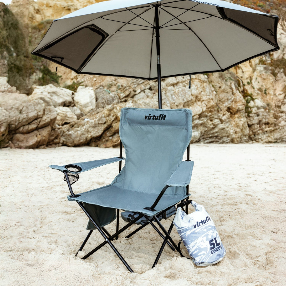 VirtuFit Opvouwbare Camping Stoel - Inclusief Universele Stoelparasol - Beige